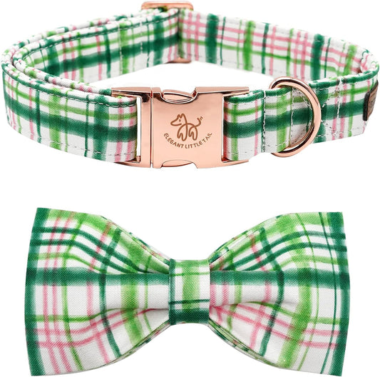 Elegant little tail Dog Collar with Bow - Pink with Green Plaid Boy or Girl Dog Collar Cute Bowtie Pet Collar Adjustable Dog Collar for Small Puppy