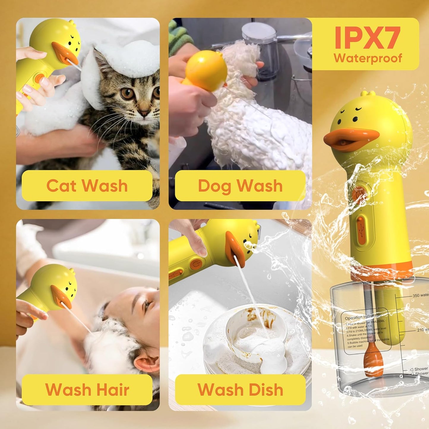 Electric Dog Shampoo Dispenser Dog Shampoo Sprayer Duck Shampoo Foamer for Pet, Foaming Soap Dispenser for Bathtub, Kitchen Sink Cleaning