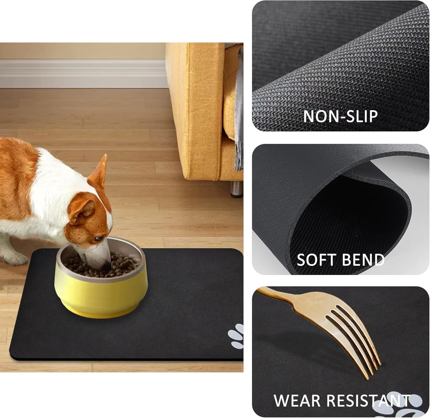 YCT Pet Feeding Mats - Non-Slip, Super Absorbent, 18.1 x 11.8 inches, Brown with Footprints Logo