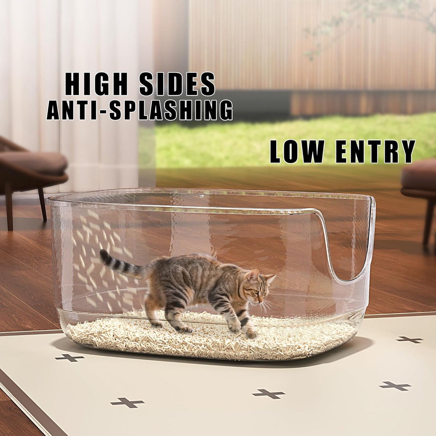 Gefryco Large Cat Litter Box with High Sided 24.6"x18.3"x12.2" - Jumbo Extra Large Open Anti - Splashing High Wall for Multiple Cats (Grey)