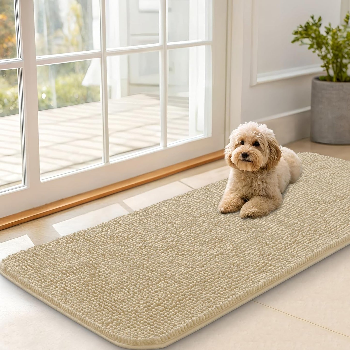 OLANLY Dog Door Mat for Muddy Paws 47x20, Absorbs Moisture and Dirt, Absorbent Non-Slip Washable Doormat, Quick Dry Chenille Mud Mat for Dogs, Entry Indoor Entryway Carpet for Inside Floor, Beige