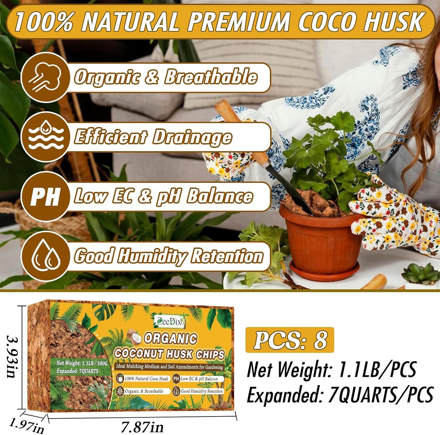 Zeedix 8 Pack Coco Husk Chips for Plants(8.8LB), 100% Organic Coconut Chips Mulch with Low EC & PH Balance, All Purpose for Indoor Plant Flowers Herbs Vegetables, Reptiles Terrarium Tanks Substrate