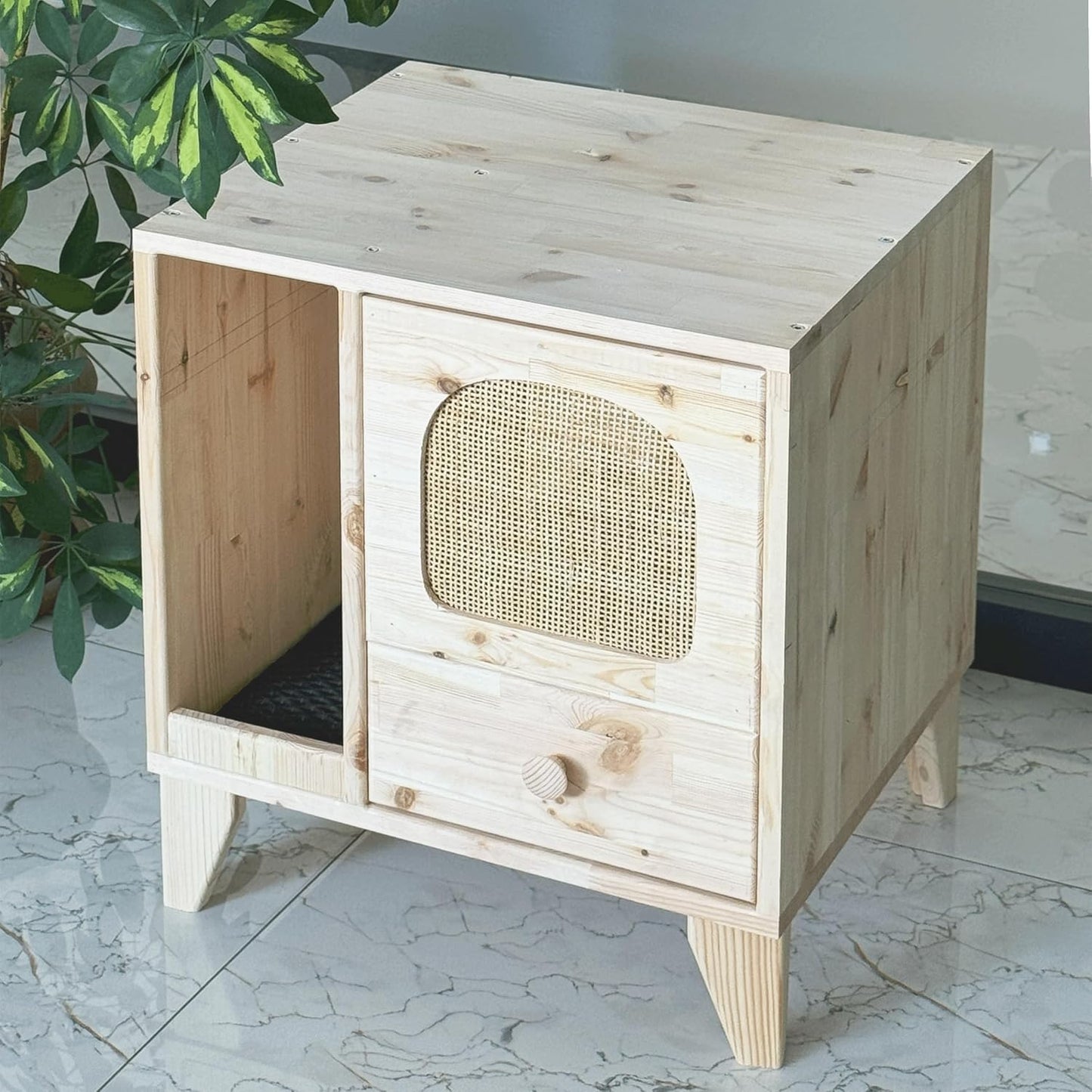 Cat Litter Box | Hidden Litter Box Furniture with Removable Divider | Wooden Cat Washroom Furniture | Indoor Cats House (Natural)