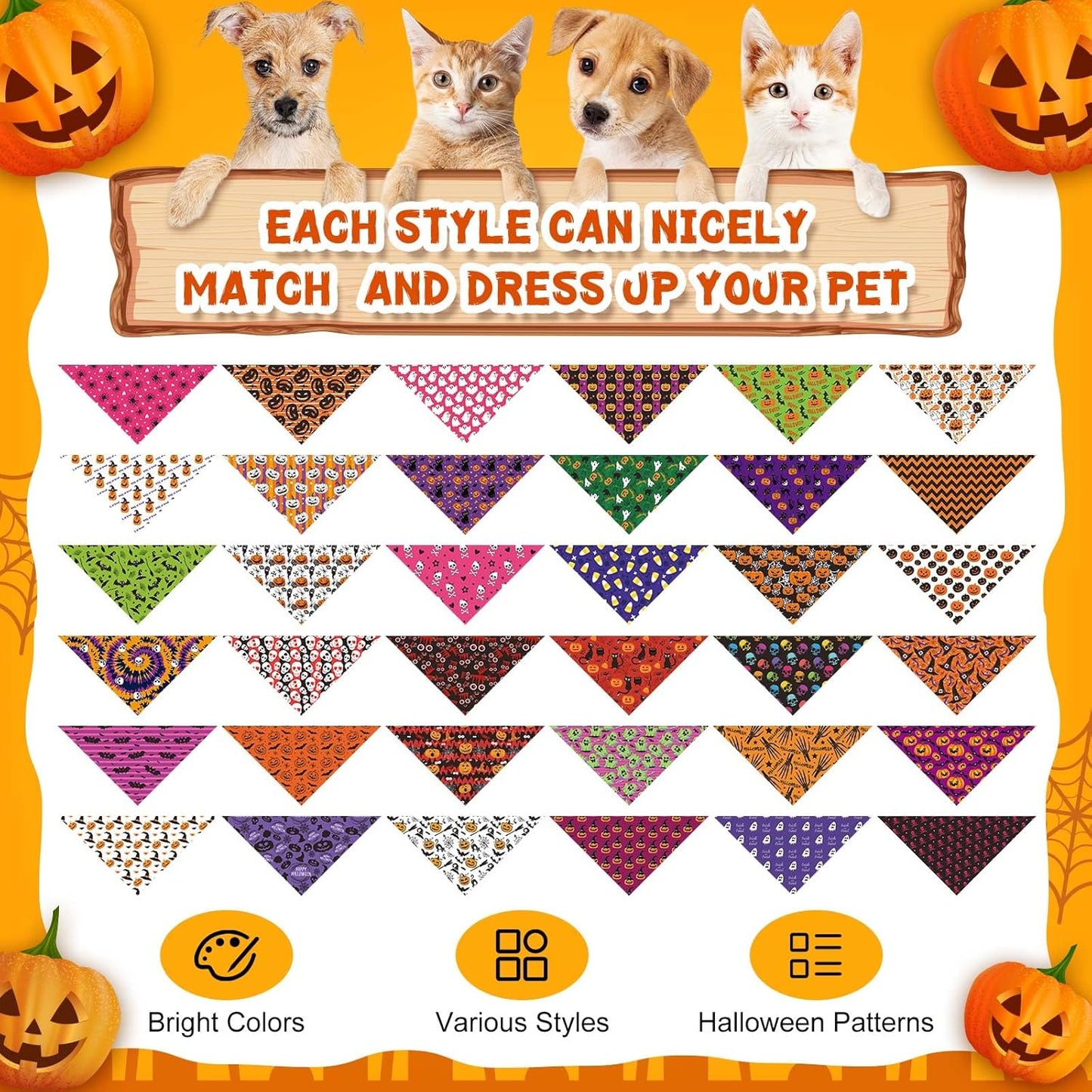 72 Pcs Halloween Dog Bandanas Bulk Pumpkin Triangle Scarf Cat Bibs Puppy Scarf Pet Bandanas Photo Props Accessories for Puppy Cat Halloween Birthday Party Costume
