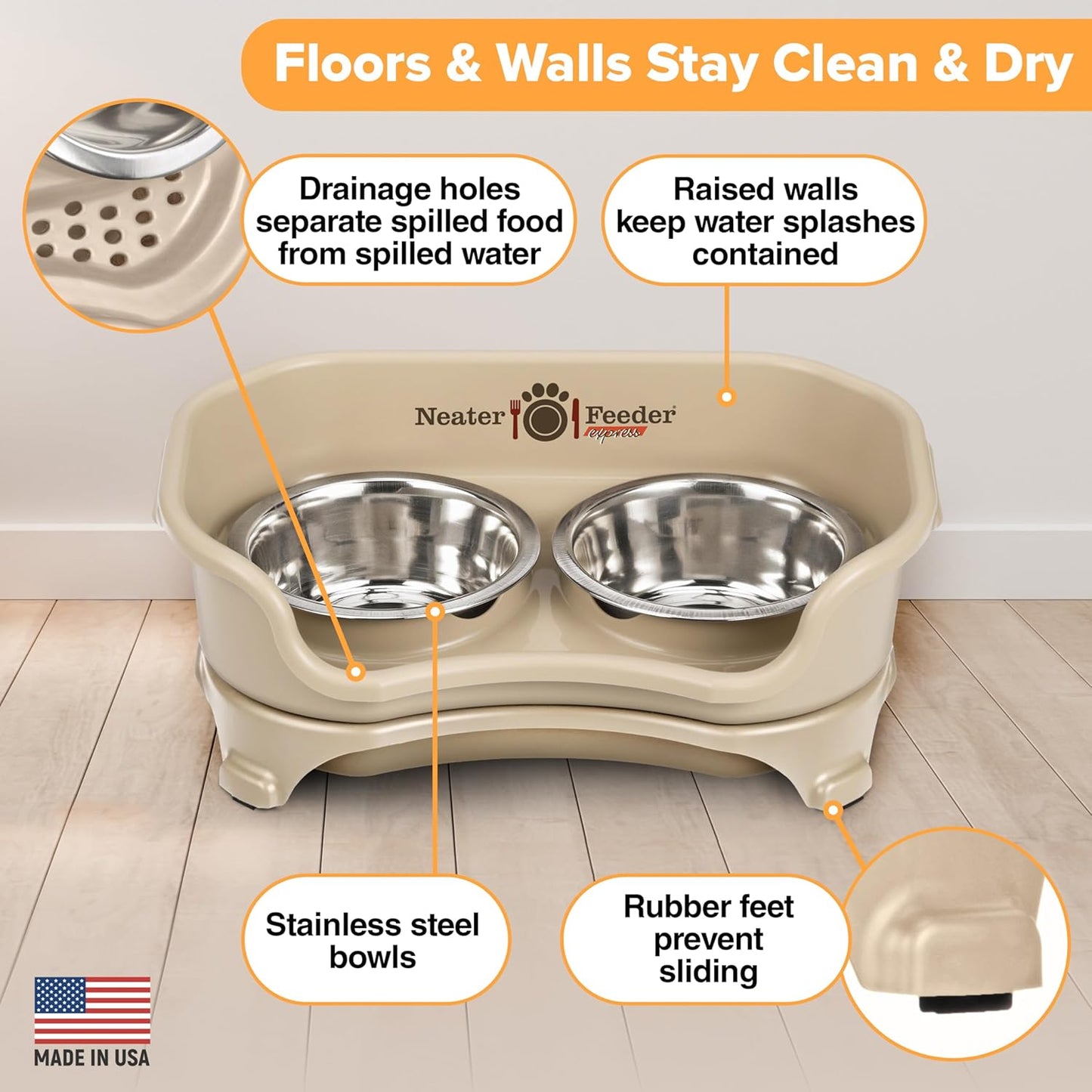 Neater Feeder Express Mess Proof Dog Bowls Elevated for Small Breeds Under 15 Lb, Made in USA, No Spill Raised Dog Food Bowl Stand, Stainless Steel Food and Water Bowl Set, Feeding Station, Almond