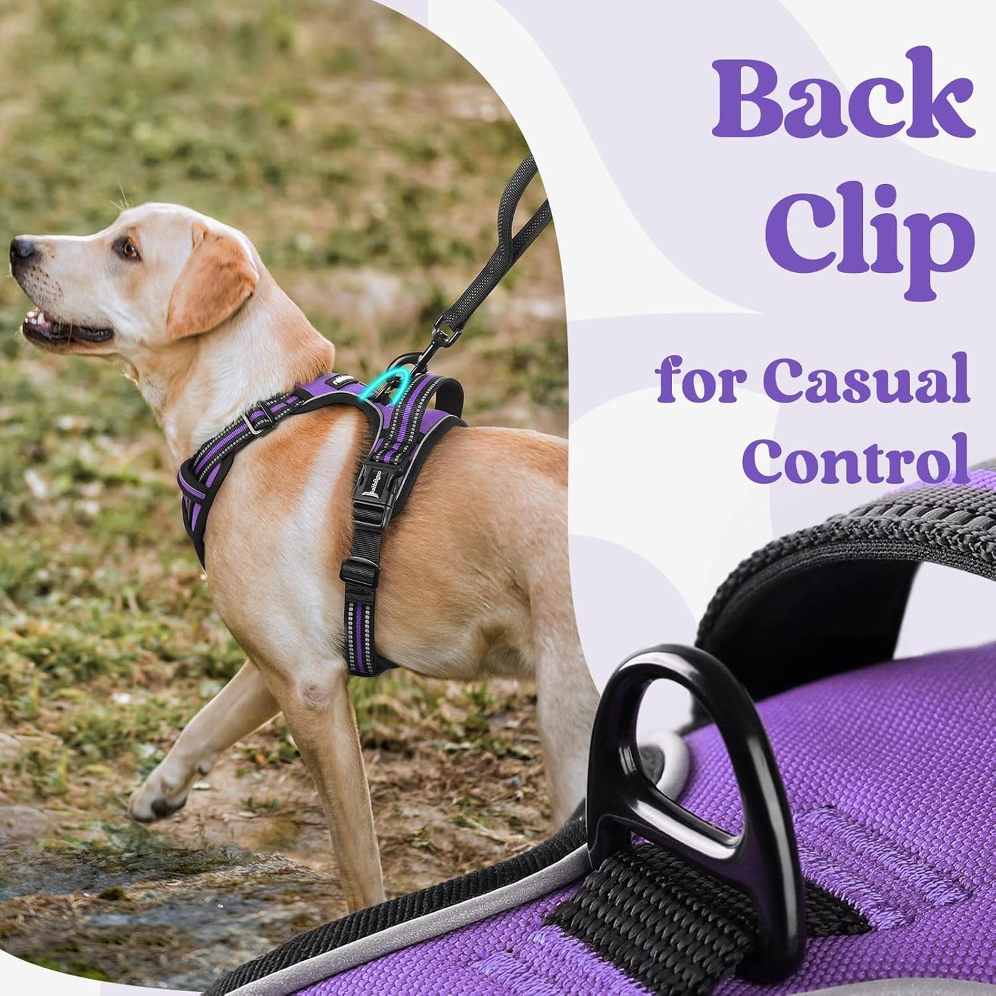 rabbitgoo Dog Harness for Large, No Pull Pet Harness with 3 Buckles, Adjustable Soft Padded Vest with Control Handle, Walking Reflective Pet Vest for Large Dogs, Purple, L