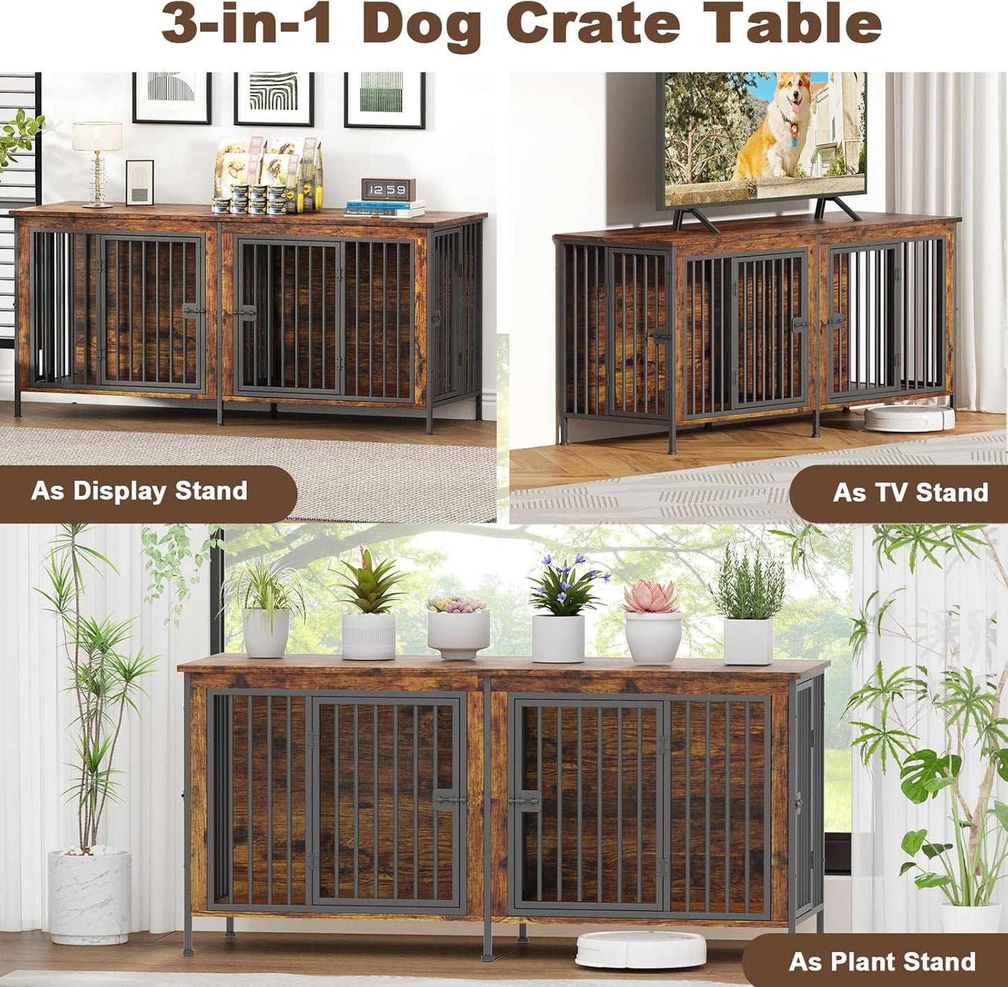 EasyCom 63" Dog Cage Furniture for 2 Pets with Divider, XL Wooden Double Dog Crate Furniture TV Stand for Mideum Breed, Durable and Sturdy