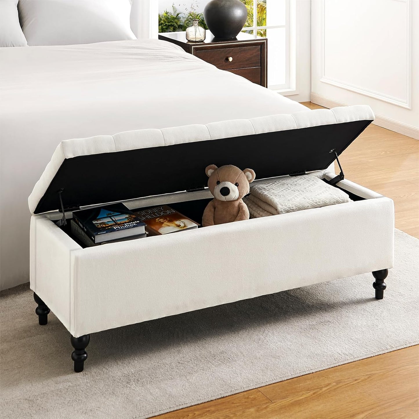 Ottoman with Storage,50.2-inch Upholstered End of Bed Storage Bench for Bedroom,for The Living Room,for Entryway, with Tray & Button and Safety Hinges,Detachable (White)