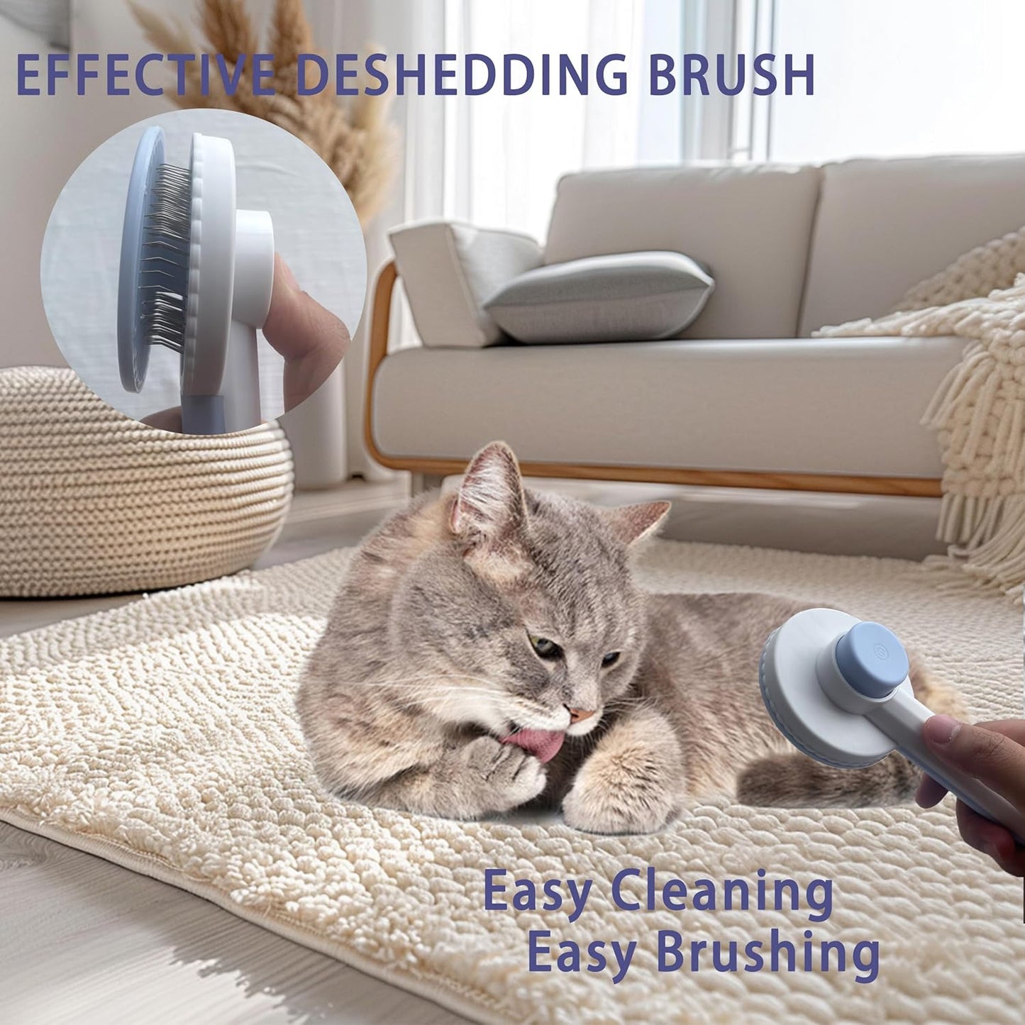 Cat Grooming Brush Kit 6 Tools - Deshedding & Dematting for Long/Short Hair, Self-Cleaning Slicker Brush with 6-in-1 Flea Comb for Cats & Kittens (Blue)