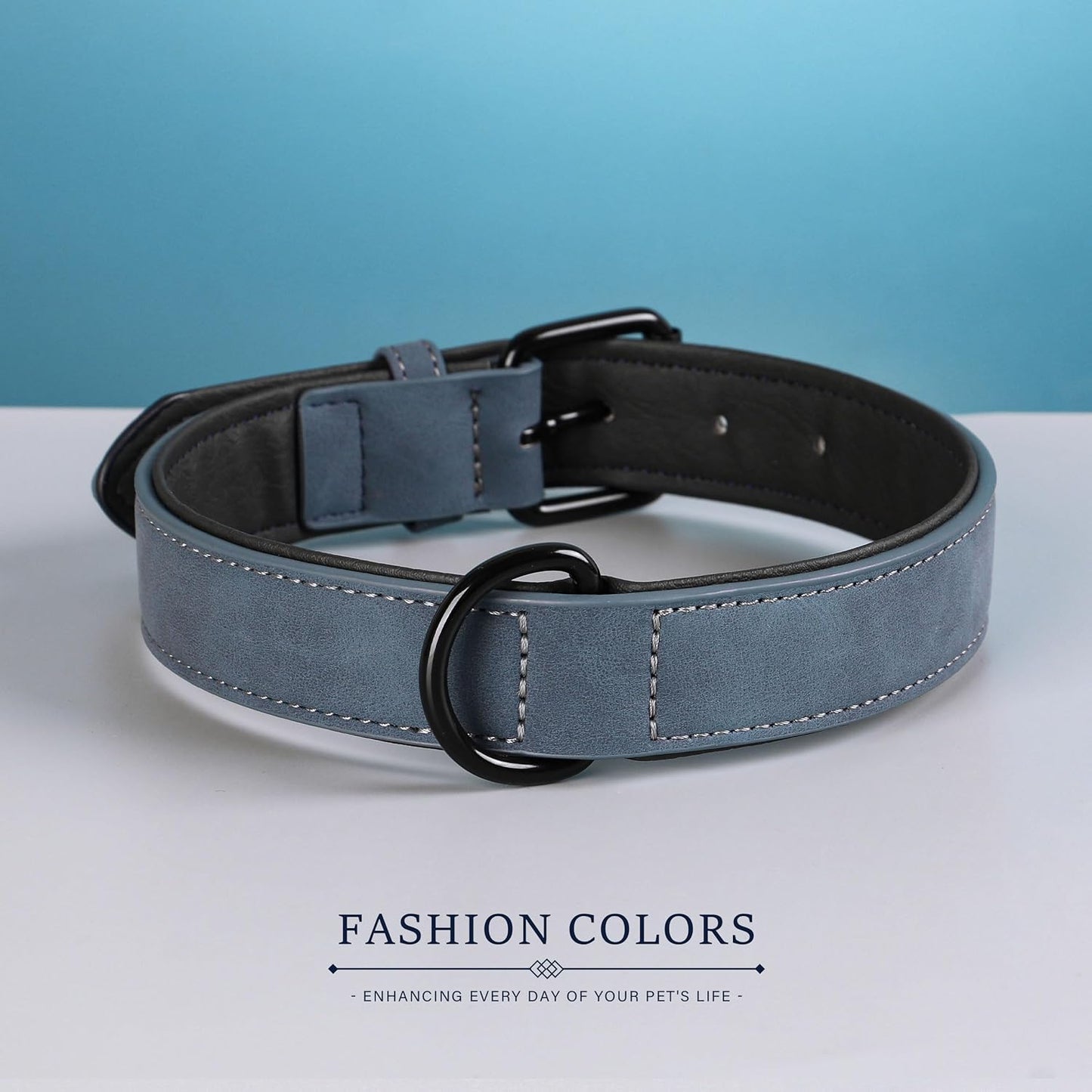 Didog Soft Padded PU Leather Dog Collar, Breathable and Adjustable Dog Collar for Large Dogs, Comfortable for Daily Walk, Blue, XL Fit Neck 17-21"(44-71 lbs)