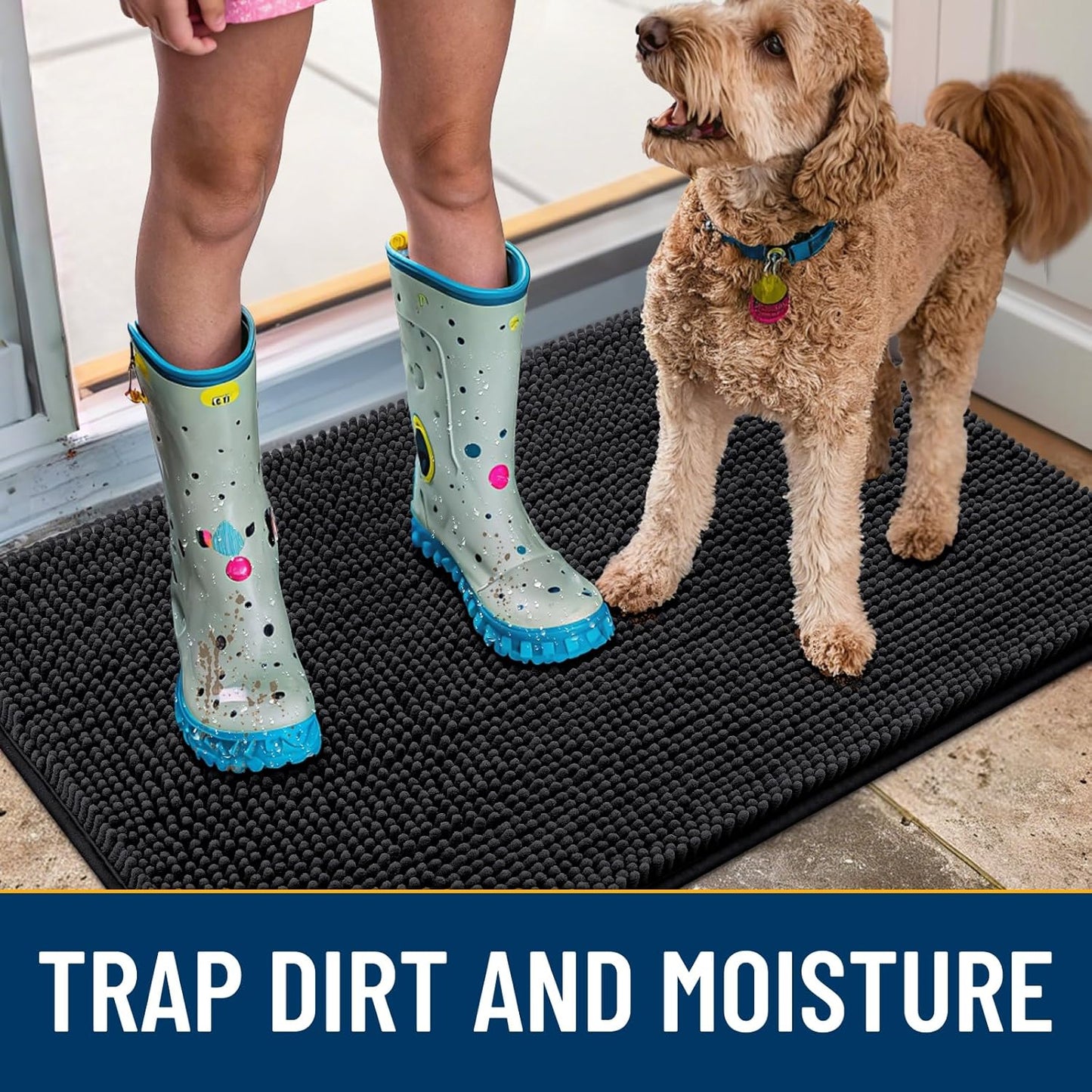 Smiry Dog Door Mat for Muddy Paws 59x35, Absorbs Moisture and Dirt Doormat, Non-Slip Washable Quick Dry Chenille Front Door Mat Indoor Entrance, Entryway Carpet for Inside Floor, Black