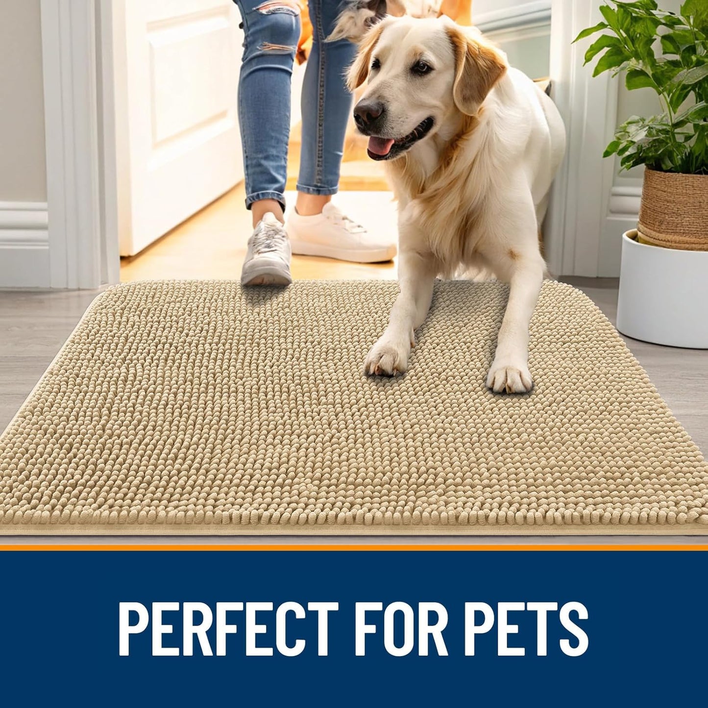 OLANLY Dog Door Mat for Muddy Paws 59x20, Absorbs Moisture and Dirt, Absorbent Non-Slip Washable Doormat, Quick Dry Chenille Mud Mat for Dogs, Entry Indoor Entryway Carpet for Inside Floor, Beige