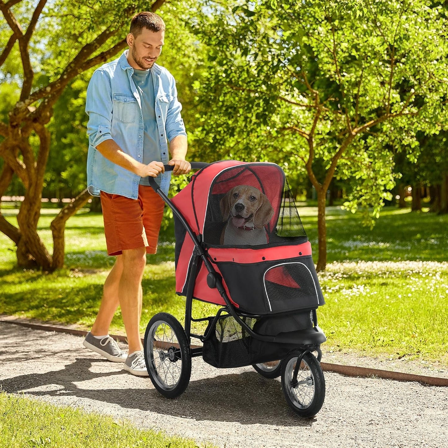 PawHut 3 Wheels Pet Stroller for Small and Medium Dogs, Foldable Cat Stroller Jogger with Adjustable Canopy, Safety Tether, Cushion, Storage Basket, Red