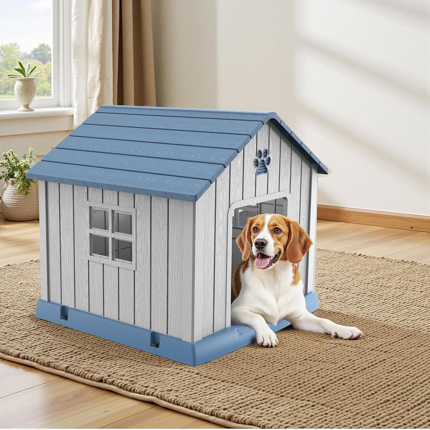 Vixzen 32in Large Outdoor Dog House,Durable Water Resistant Resin Dog House,Doghouse for Small to Large Dogs Indoor or Outside,with Air Vent and Elevated Floor,Blue