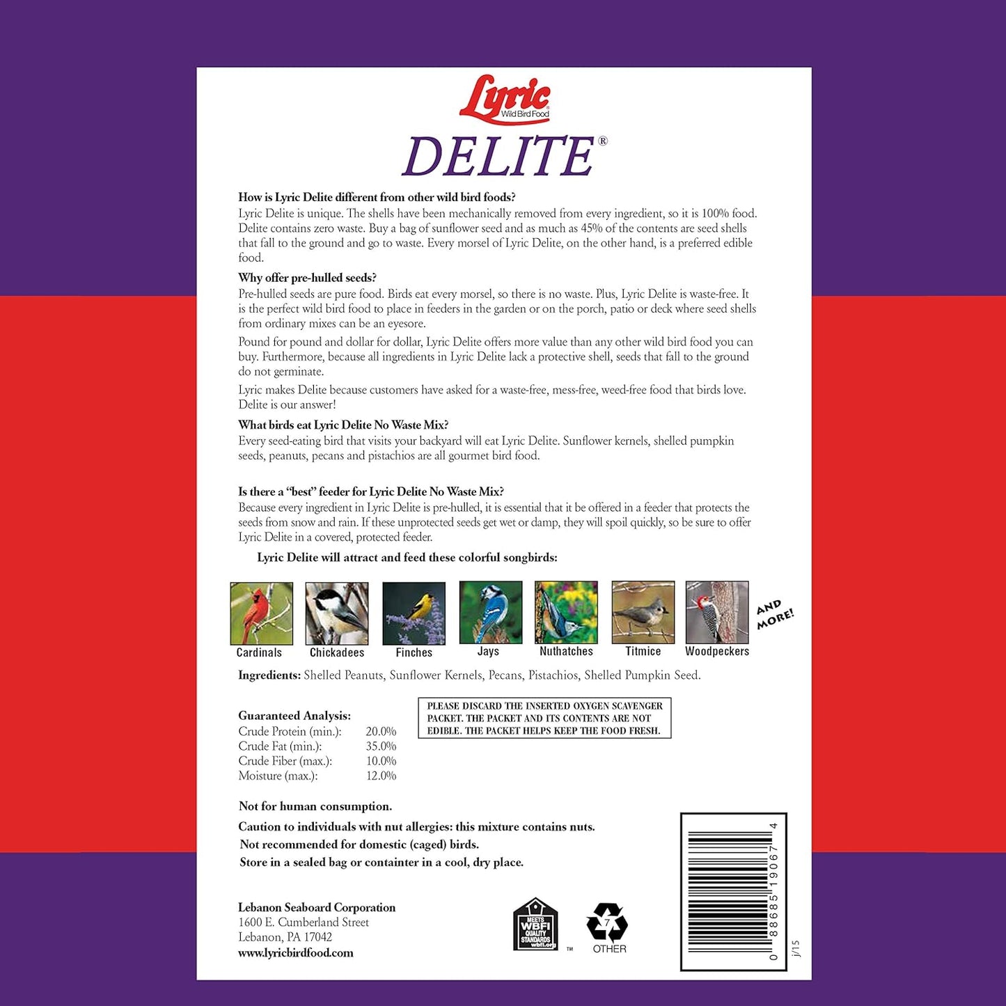 Lyric Delite Wild Bird Seed - No Waste Bird Food Mix with Shell-Free Nuts & Seeds - Attracts Buntings, Chickadees & Finches - 5 lb bag
