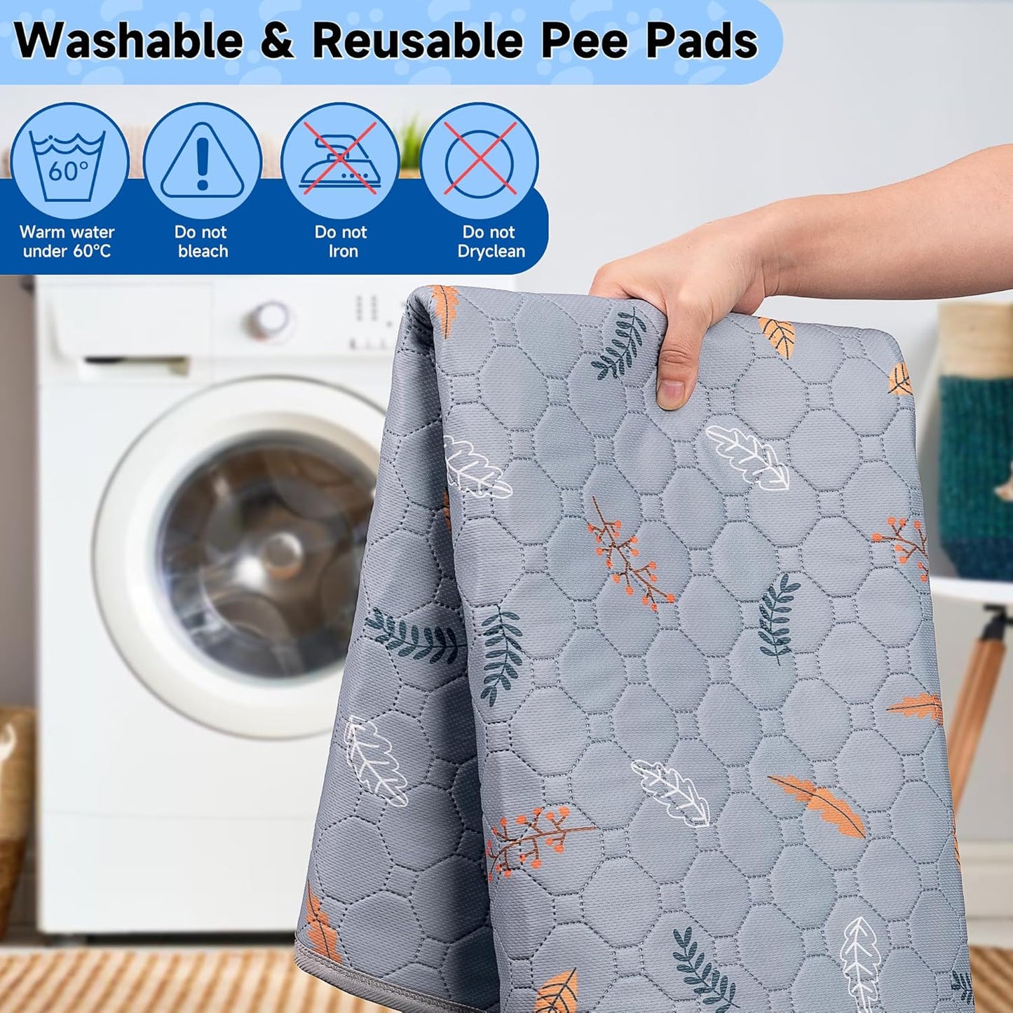 Sunheir Washable Pee Pads for Dogs 2-Pack Reusable Puppy Pads Pet Training Pads, Waterproof Dog Pee Pads for Crate, Whelping Pad, Non-Slip Protects Against Urine Leakage (Leaves - Light Grey, 31x36)