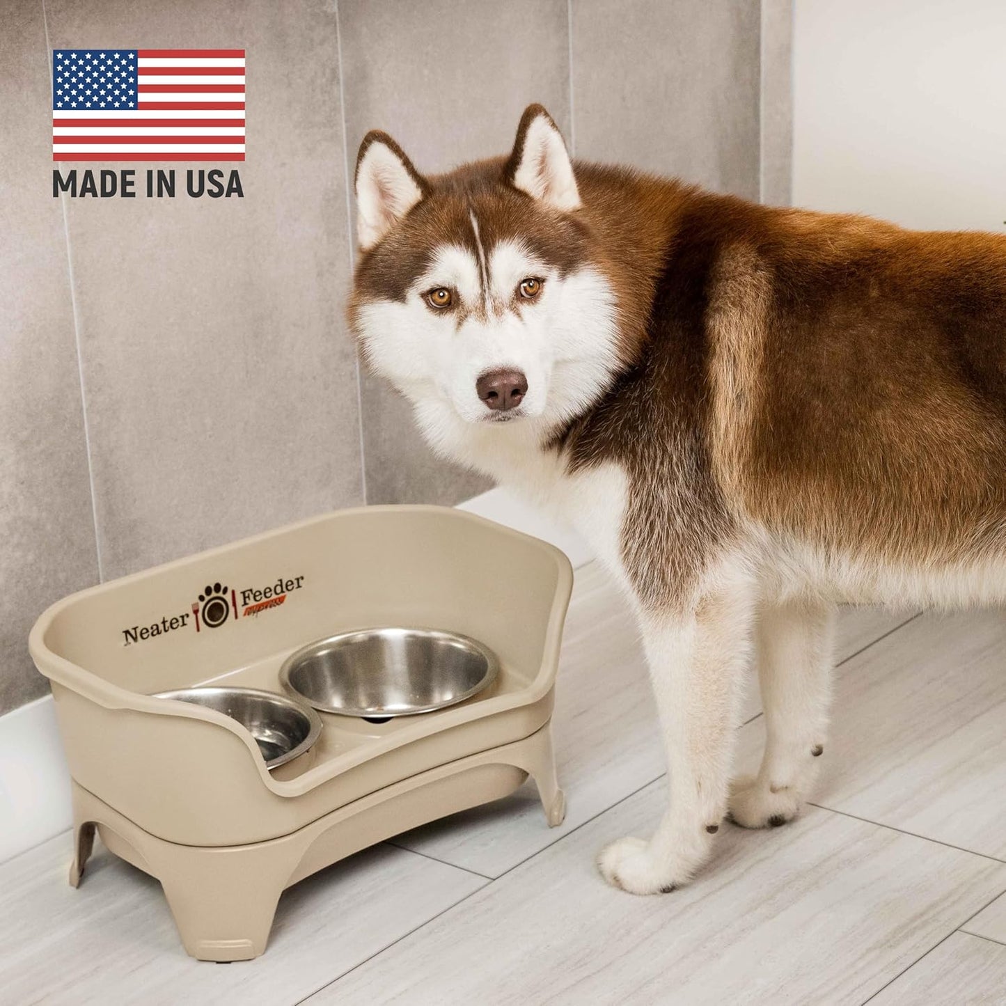 Neater Feeder Express Mess Proof Dog Bowls Elevated for Medium to Large Sized Breed, No Spill Raised Dog Food Bowl Stand, Stainless Steel Food and Water Bowl Set, Pet Dish Feeding Station, Almond