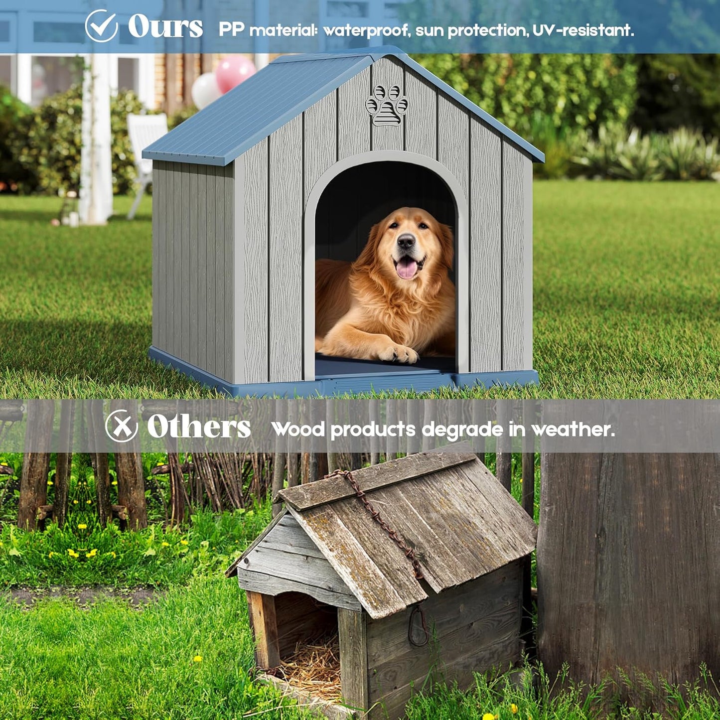 Large Dog House Outdoor Indoor for Medium Large Dogs, Durable Plastic Waterproof Doghouse with Air Vents and Elevated Floor, Easy Clean and Assemble (Blue, 36.2''L×38''W×38''H)