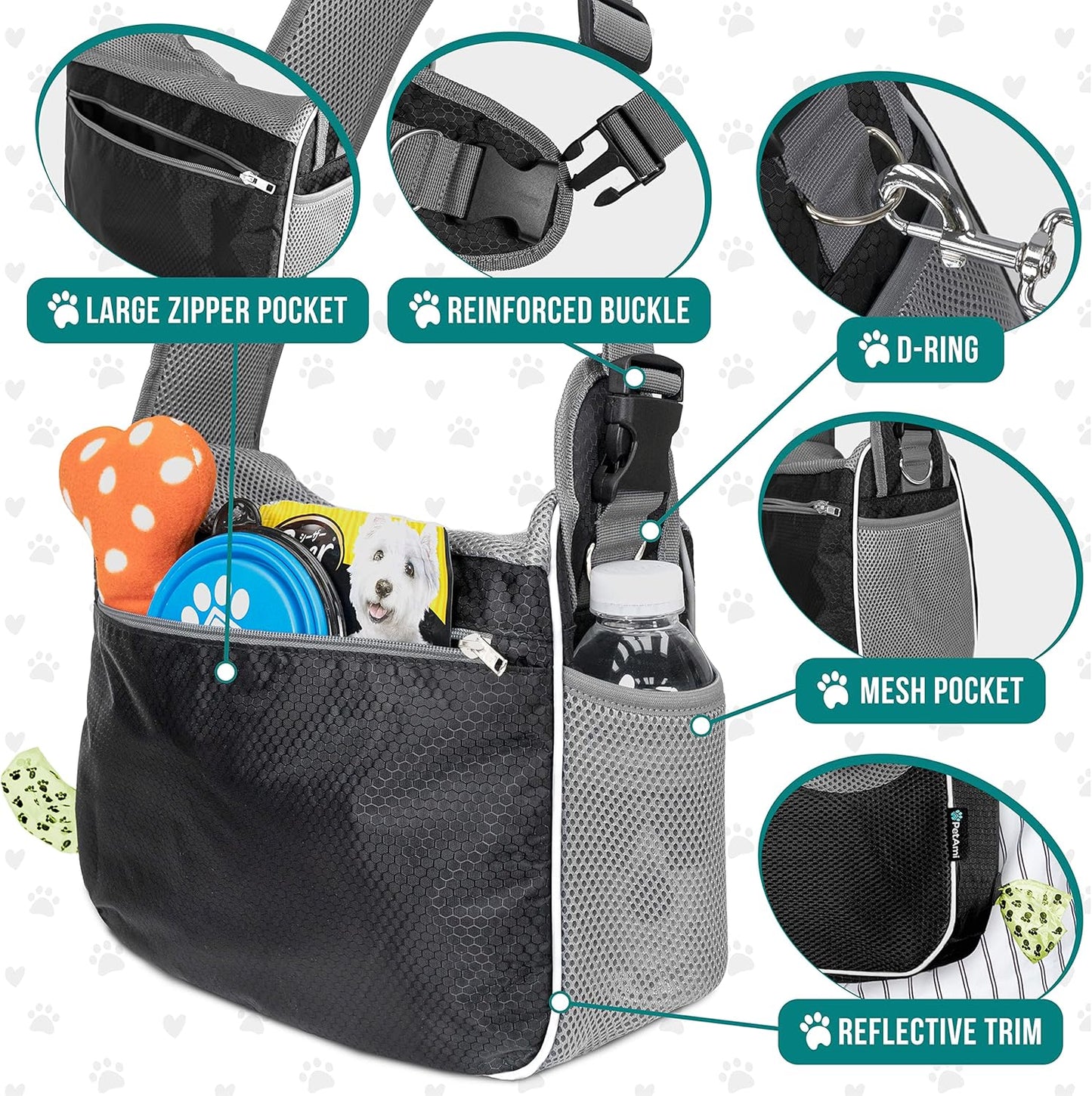 PetAmi Small Dog Sling Carrier, Soft-Sided Crossbody Puppy Carrying Purse Bag, Adjustable Sling Pet Pouch to Wear Medium Dog Cat Travel, Dog Bag for Traveling, Poop Bag Dispenser, Max 10 lbs, Black