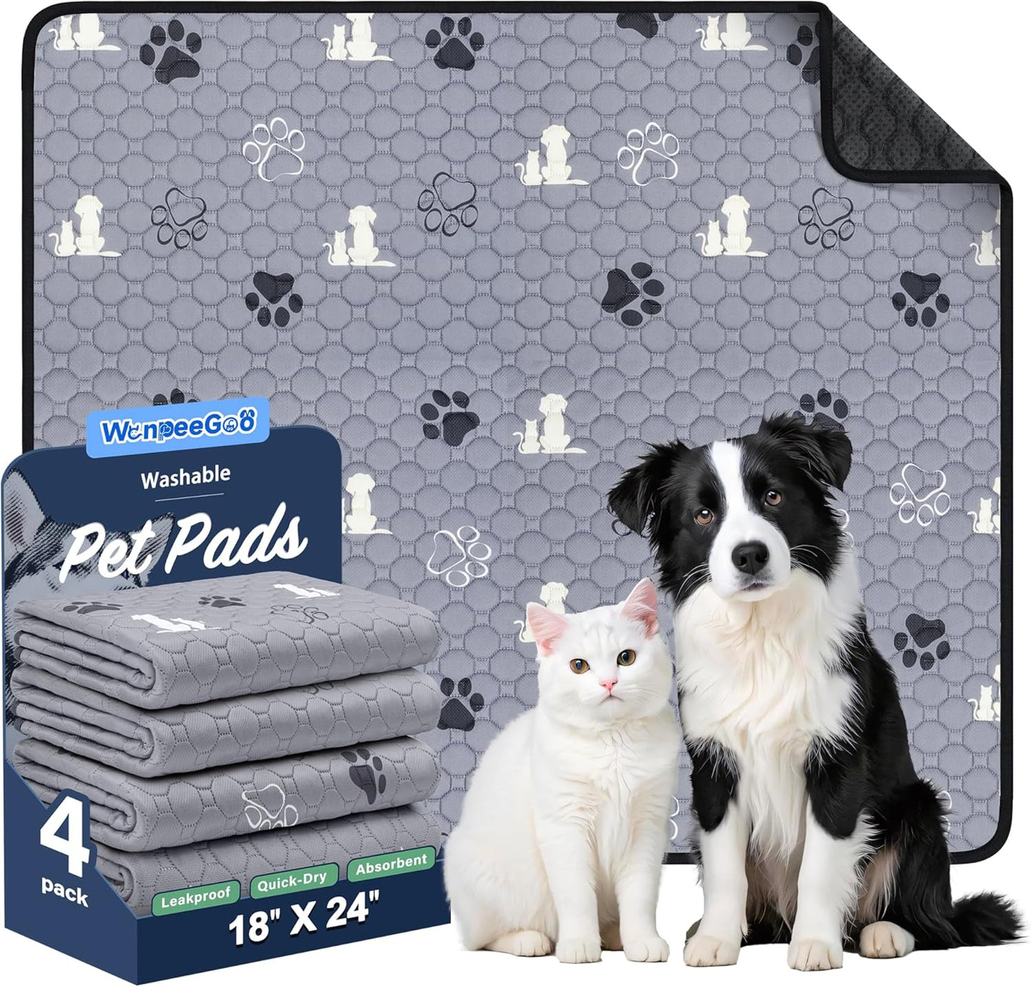 Washable Pee Pads for Dogs, 4 Pack Absorbent Reusable Training Dog Pads Pet Puppy Pads, Non-Slip Potty Pads for Whelping, Playpen, Crate, Bed, Grey 18"x24"