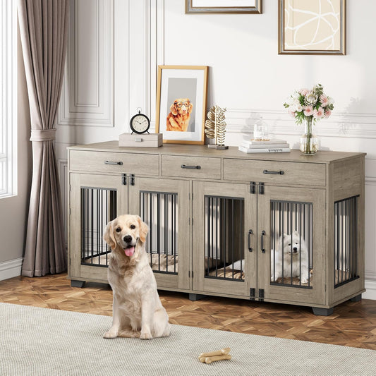 71 in Dog Crate Furniture for 2 Dogs, Wooden Double Dog Crate with 3 Drawers and Removable Room Divider, XXL Indoor Dog Kennel TV Stand End Table with Double Doors for Large Medium Dogs, Grey