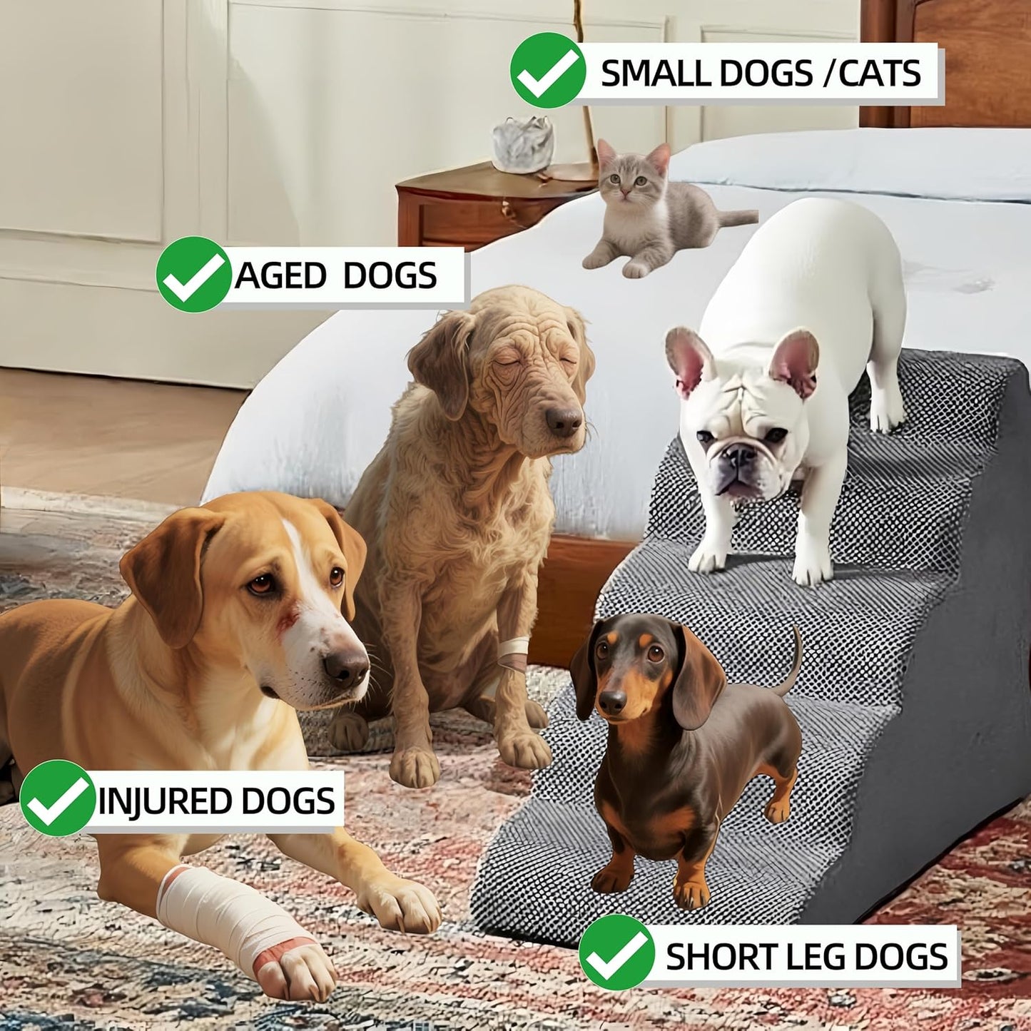 5 Step Pet Stairs Ramp for High Beds Sofas 5-30 Inch with Sturdy Non Slip Waterproof Pads, Machine Washable Cover Indoor Balanced Design for Cats Dogs Small Medium Large XL Pets Grey (Grey, Large, 1)
