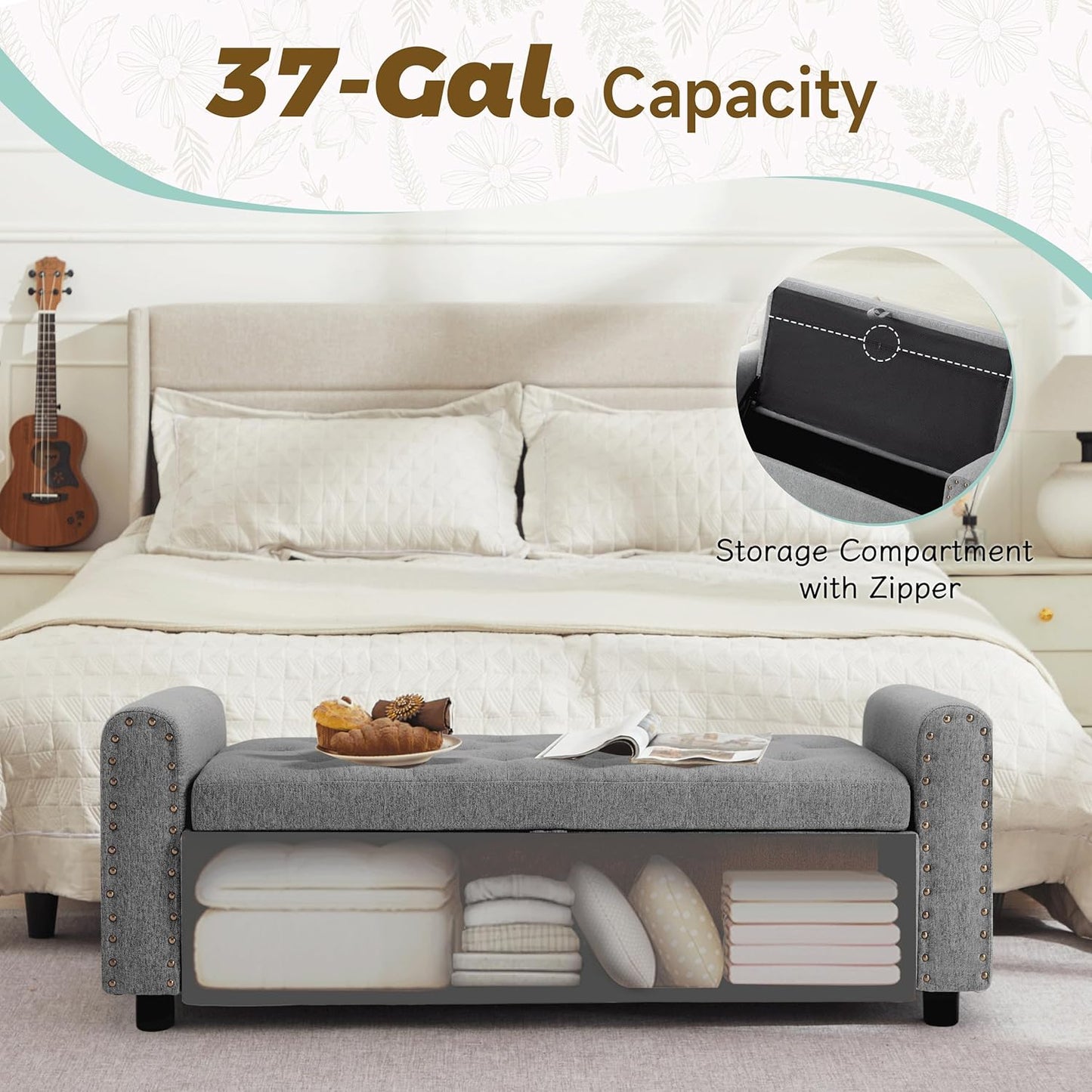 Ottoman with Storage, Tufted Storage Bench for Bedroom, 48" Fabrics End of Bed Bench, Upholstered Entryway Shoe Benches with Rolled Arm & Inner Zipper, Window Ottomans Chest with Rivets, Drak Grey