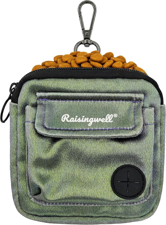 Dog Treat Pouch for Pet Walking and Training with Clicker Poop Bags and Double Bag Design Small Fanny Zipper Pack Holder for Puppy Snack Dispenser Kit for Leash and Outdoor Use (NM-Green)