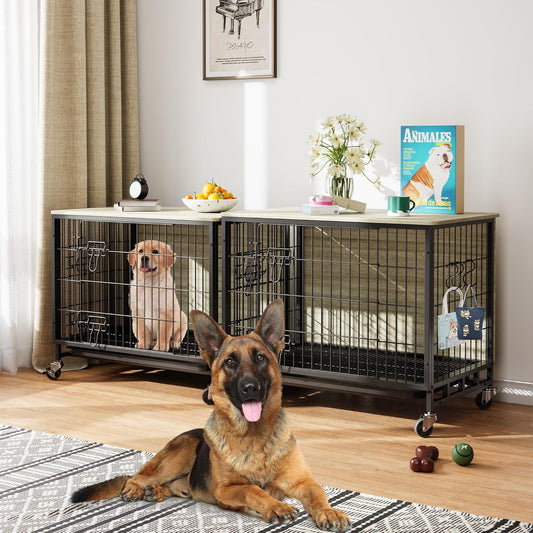 Dog Crate Furniture, 27.2" Small Dog Kennel Wooden Dog Crate with Pull-Out Tray, Double Doors, Modern End Table for Small/Medium Dogs, Rustic Brown