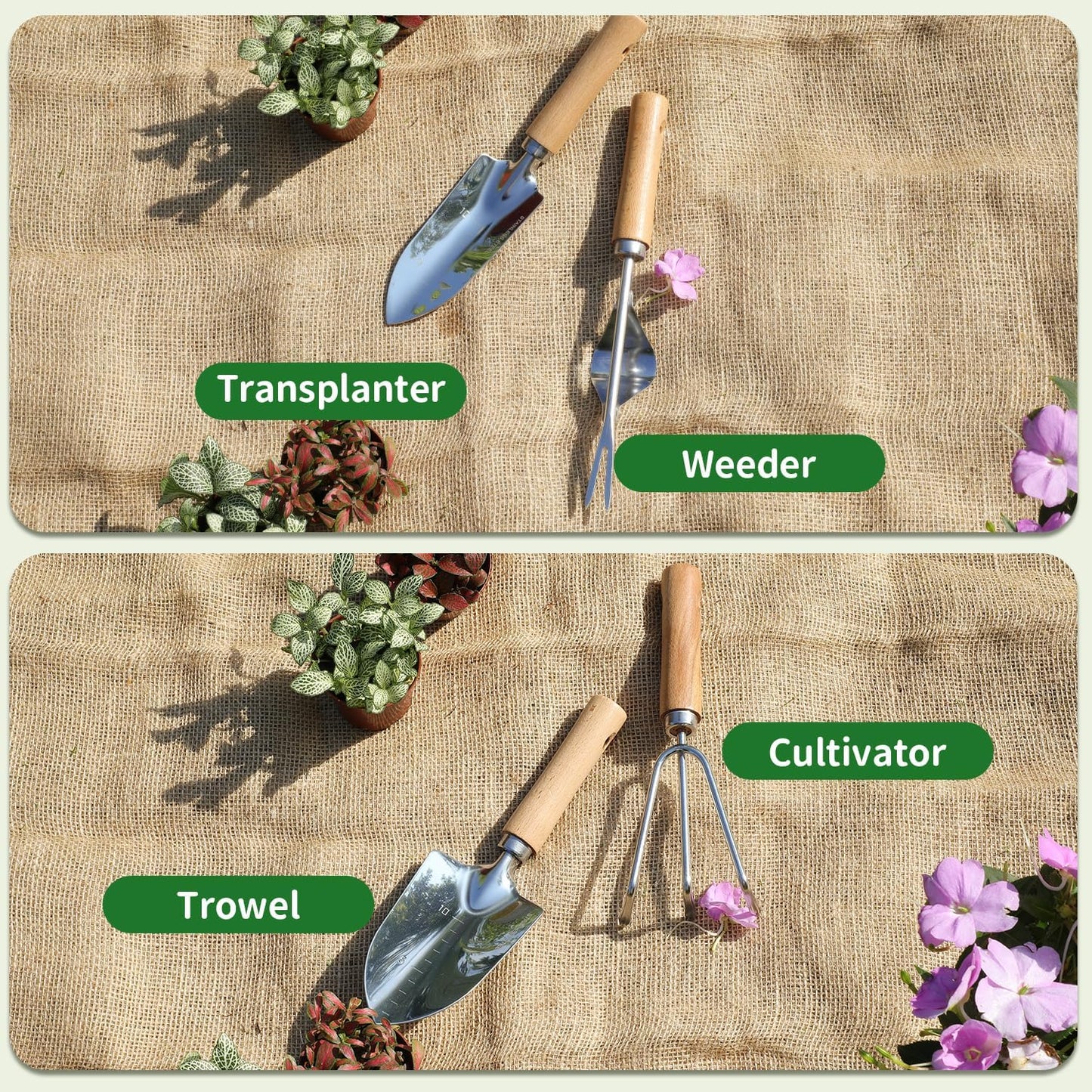 Garden Tool Set,10 Piece Garden Kit,Heavy Duty Stainless Steel Gardening Hand Tools with Durable Storage Tote,Rust-Proof Garden Tools,Gardening Gifts for Women Men Pink Floral Pattern Design