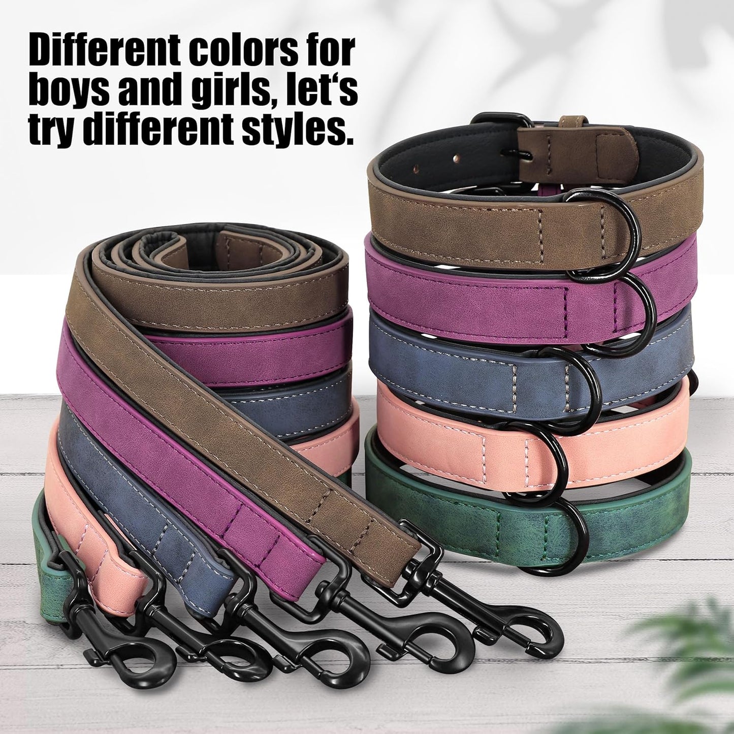 Didog Soft Padded Leather Dog Collar and Leash Set, Adjustable 4FT Faux Leather Dog Leash and Collar Set with Metal Buckle for Small Medium Large Dogs, Green, L