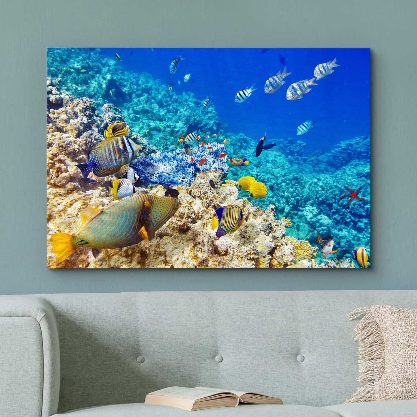 wall26 Canvas Print Wall Art Underwater Neon Blue Teal Ocean Water Fish Nature Animals Photography Realism Rustic Scenic Landscape Wilderness Earth for Living Room, Bedroom, Office - 24"x36"