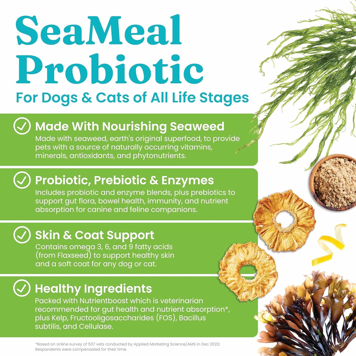 Solid Gold SeaMeal Cat Probiotic & Dog Probiotics for Digestive Health - Kelp Powder Dog & Cat Multivitamin Supplement w/Prebiotics & Digestive Enzymes for Skin, Coat, & Gut + Immune Support - 3.5oz