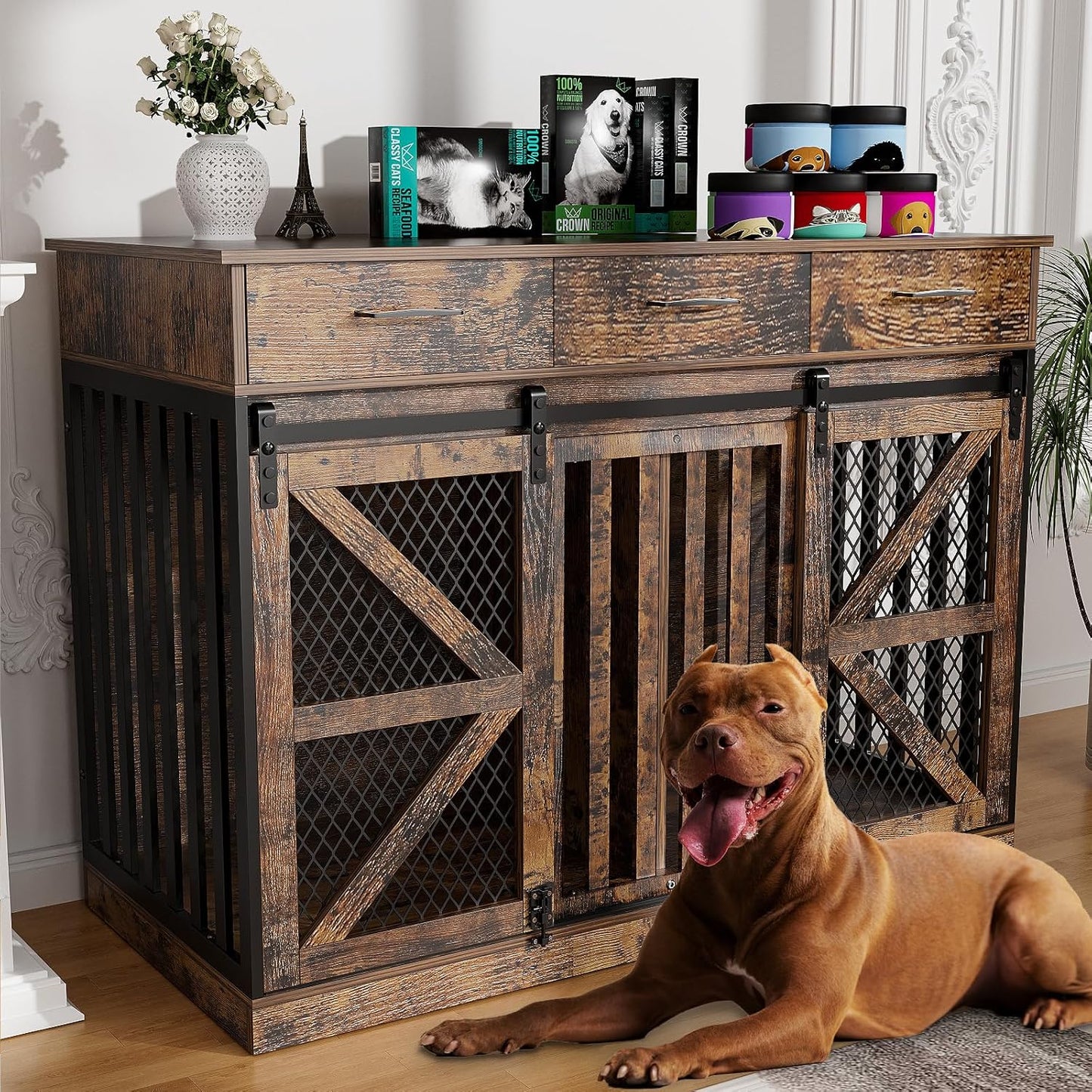 48'' Dog Crate Furniture with Removable Divider & Storage Drawers, Wooden Double Dog Cage TV Stand with 2 Sliding Barn Doors, Multi-Functional Dog Crate End Table for Indoor use (Retro Brown)
