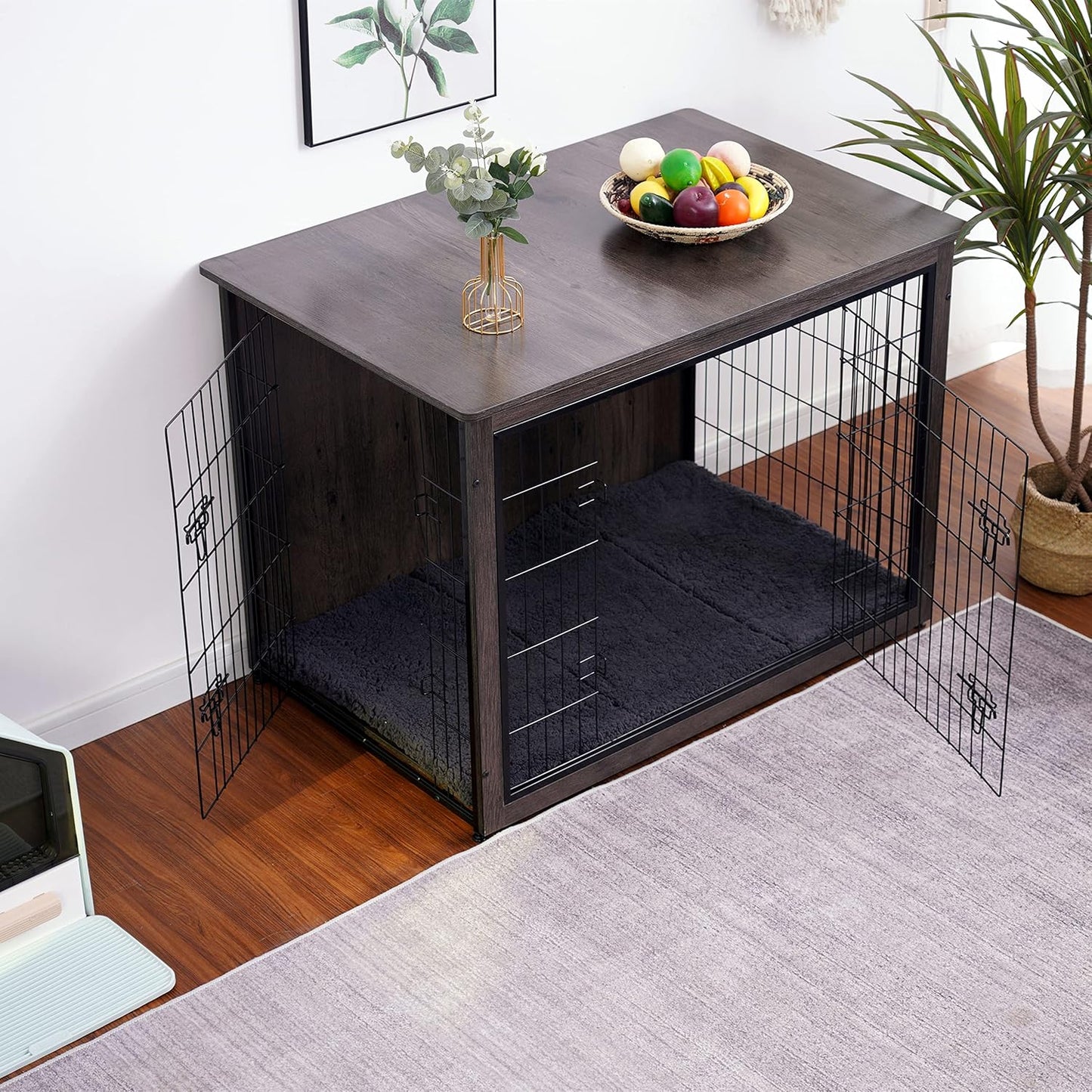 DWANTON Dog Crate Furniture with Cushion, Wooden Kennel Table with Double Doors, Indoor Dog House, Extra Large Size, 43.3" L, Dark Gray