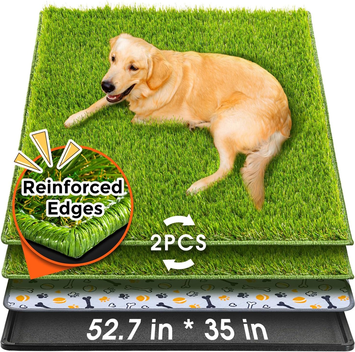 Hompet Dog Grass Pad with Tray Large, 52.7"x35", 2 Reusable Artificial Turf for Dogs Potty, Waterproof Non-Slip Washable Pee Pads, Quickly Absorbency Portable Dog Litter Box for Indoor/Outdoor Use