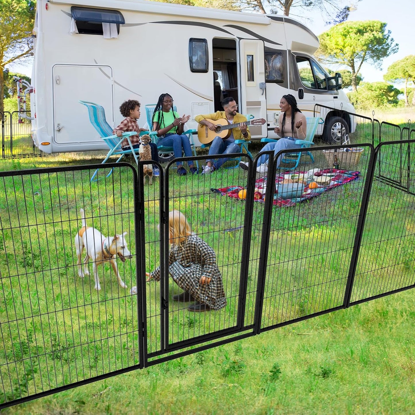 Dog Playpen Outdoor Extra Wide 8 Panels Heavy Duty Dog Fence 47" Height Anti-Rust with Doors Portable for RV Camping Yard, Total 21FT, 35 Sq.ft, Snowy Black