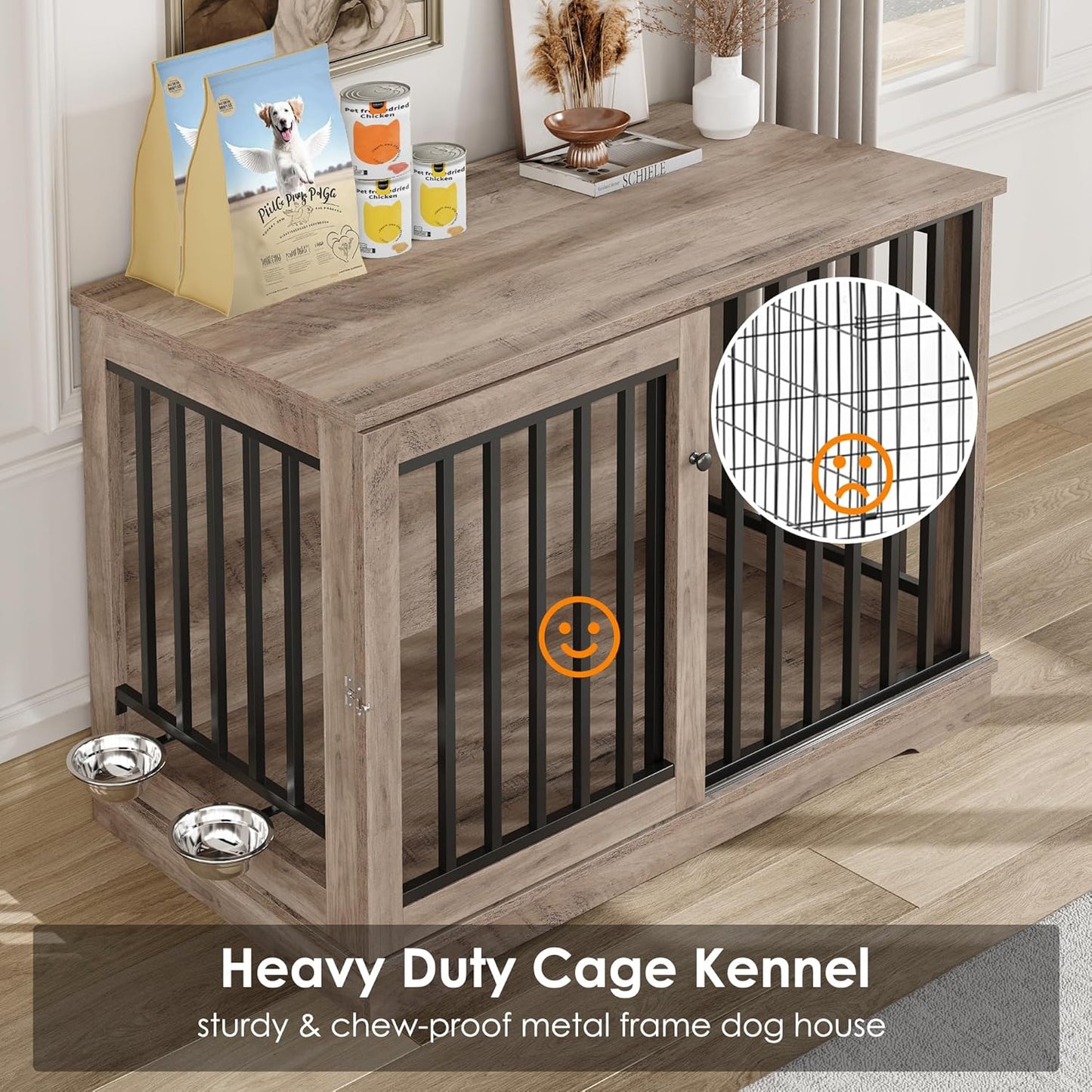 Dog Crate Furniture 47” Large Dog Kennel for Dogs Indoor, Heavy Duty Dog Cage with Sliding Door and 2 SUS Bowls Wooden End Table in Living Room for Small Medium Large Dogs, Rustic