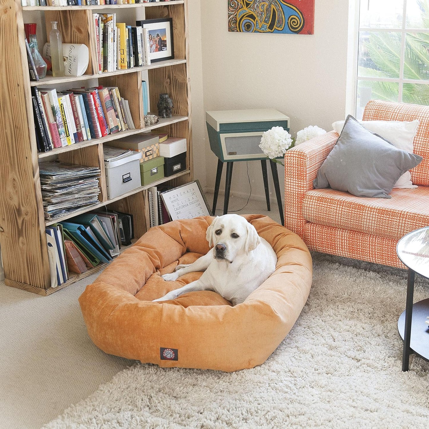 Majestic Pet 24 Inch Micro Velvet Calming Dog Bed Washable – Cozy Soft Round Dog Bed with Spine for Head Support - Fluffy Donut Dog Bed 24x19x7 (inch) – Round Pet Bed Small – Azure